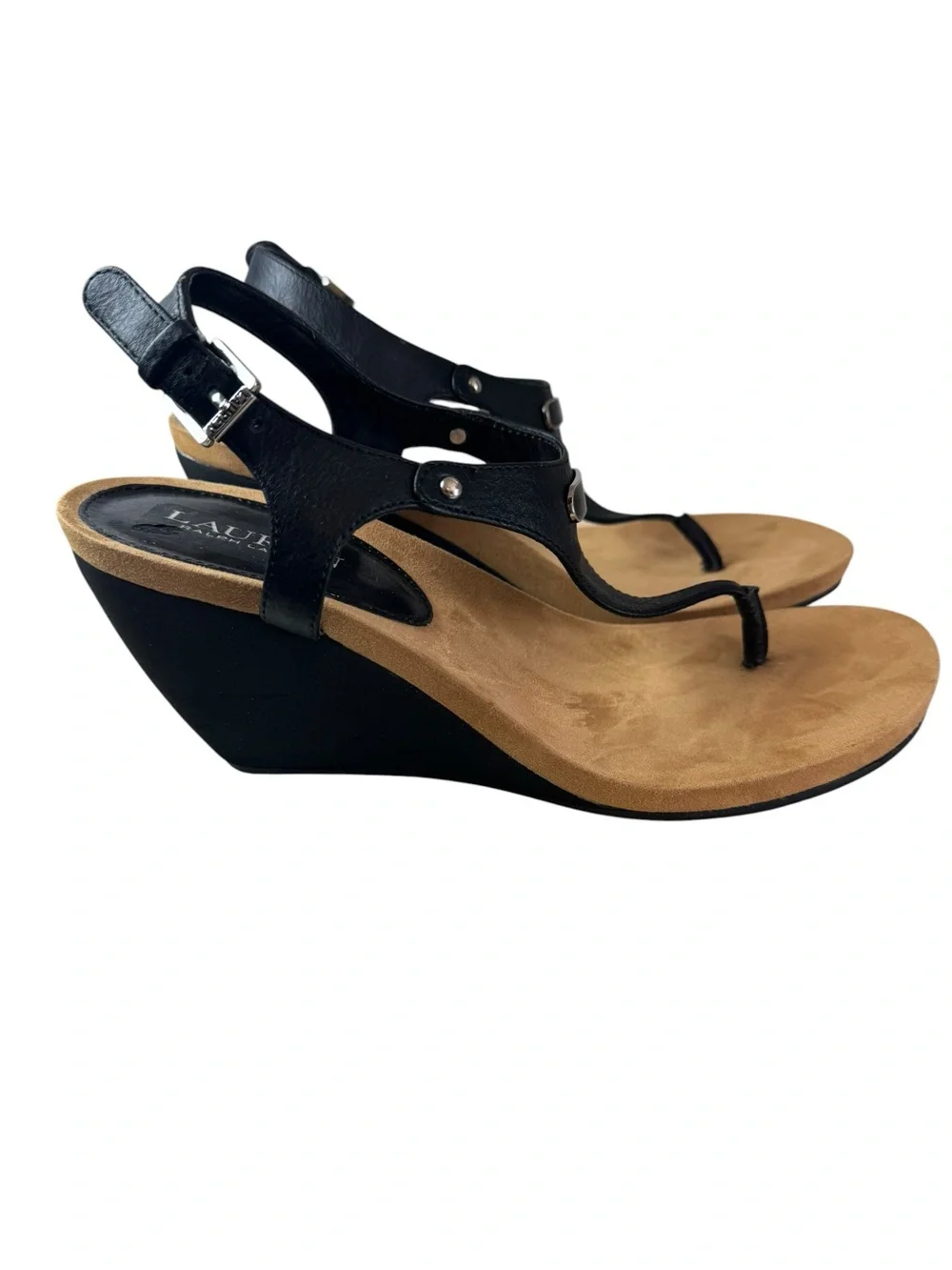 NWOT Lauren Ralph Lauren Black T-Strap Wedge Sandals with Tan Footbed Size 8